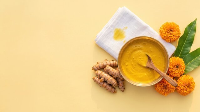 Haldi Ceremony Essentials with Turmeric Paste and Marigold Flowers &ndash; Indian Wedding Ritual Flat Lay.