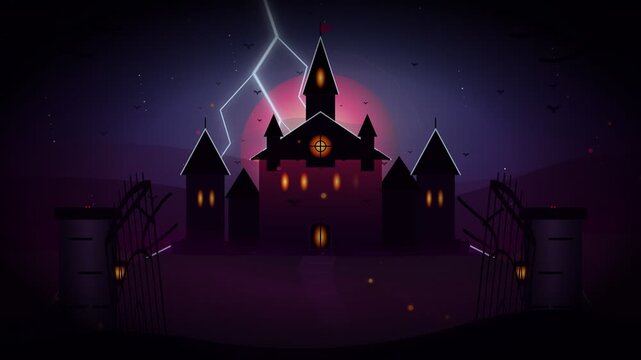 Gothic castle animation under glowing blood moon with flying bats and lightning strike in spooky night sky