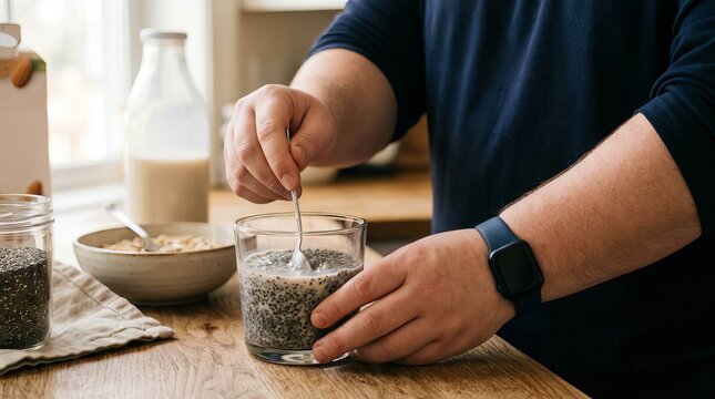 Person mixing chia pudding in a glass on a wooden kitchen counter