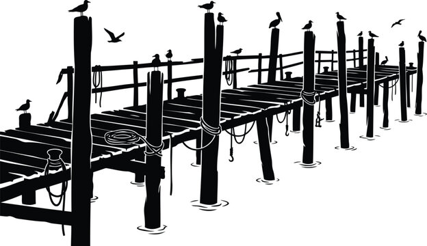Silhouette of a wooden pier with seagulls perched and flying, against a white background, wharf dock