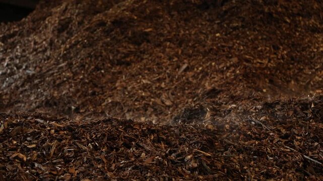 Close-up footage of a large pile of brown shredded wood chips and organic biomass material. The rough texture and layered fragments illustrate organic material processing, biomass resources, wood recy