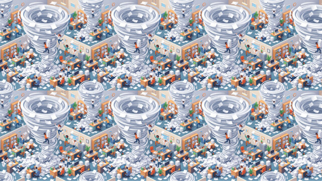 Isometric 3D Illustration of a Chaotic Office with a Tornado of Flying Papers, Representing High Stress, Heavy Workload, and Corporate Crisis, AI Generated Seamless Pattern Background