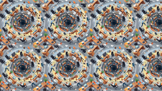 Surreal Abstract Pattern of Office Desks and Cubicles Spiraling into a Vortex, Representing Corporate Burnout and Workplace Chaos, AI Generated Illustration