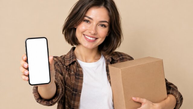Smiling woman in a plaid shirt holding a smartphone with a blank white screen and a cardboard parcel box, representing logistics, mail delivery, online shopping and advertising banner mockup