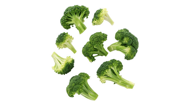 Scattered small green broccoli florets fresh vegetable pieces isolated on white background