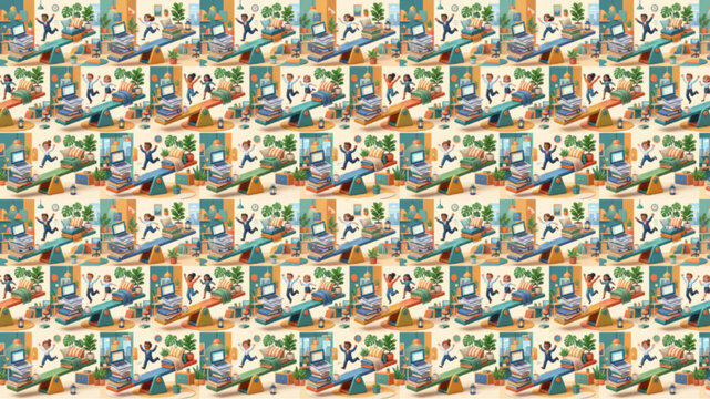 Seamless Pattern Illustration of Work-Life Balance Concept with People on a Seesaw, Office and Home Life Metaphor, Flat Vector Style, AI Generated