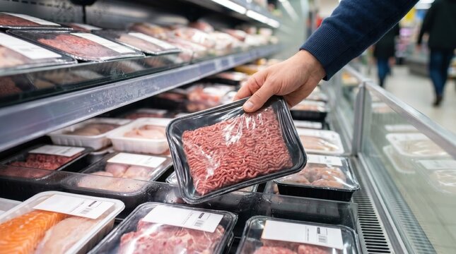 Hand picking up a package of raw ground meat in a supermarket refrigerated aisle, representing grocery shopping, food selection and buying fresh meat