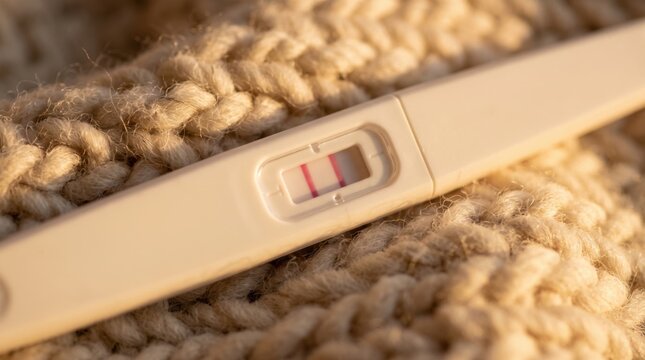 Positive pregnancy test with two red lines lying on a soft knitted beige blanket, representing pregnancy announcement, motherhood and family planning concept