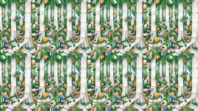 Abstract Architectural Seamless Pattern with White Columns and Green Tropical Foliage, Modern Geometric Design for Sustainable Urban Living Concept, Bright and Clean Aesthetic, AI Generated