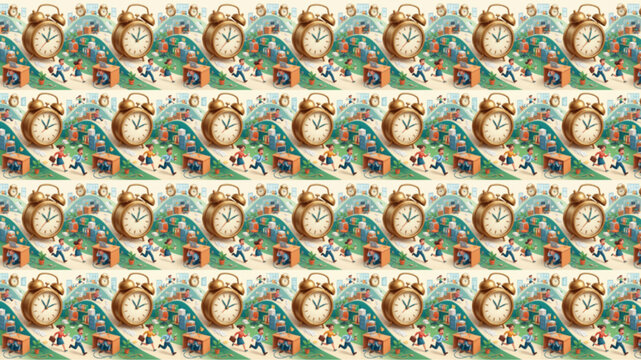 AI Generated Seamless Pattern of Vintage Alarm Clocks, People Running, and Retro Televisions Representing Time Management, Morning Rush, and Daily Routine in a Cartoon Illustration Style