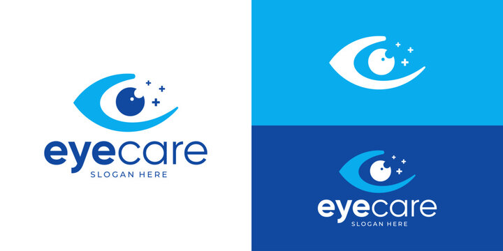 Creative simple eye care logo template. Abstract hand with eyeball lens symbol logo design vector illustration.