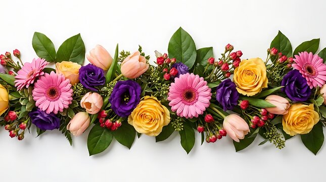 Horizontal decorative arrangement of colorful spring flowers including roses and tulips and daisies on a white background