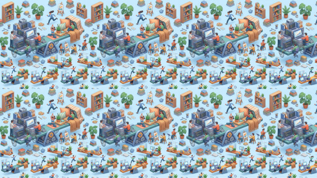 Seamless Isometric Pattern of a Productive Factory and Office Environment with Tiny People Working on Machines and Conveyor Belts, Bright and Busy Business Concept, AI Generated