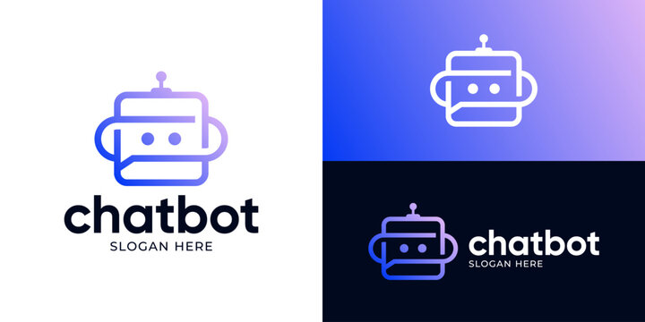 Creative simple chat bot logo template. Bot and bubble chat logo design vector illustration.