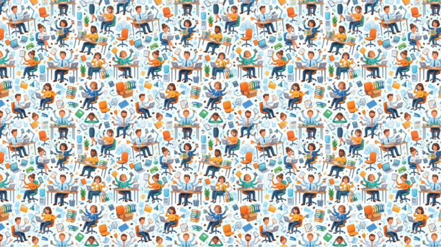 Seamless Pattern of Multitasking Office Workers at Desks with Laptops and Phones, Representing Productivity and Busy Corporate Life in a Flat Vector Illustration Style