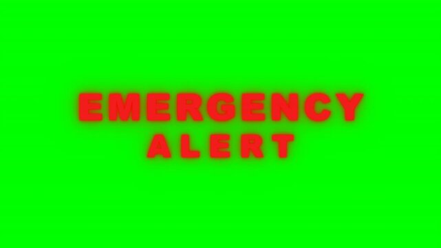 Bold red emergency alert warning text displayed on a bright chroma key green background in a grid pattern. Ideal for broadcast news and disaster simulation video editing.
