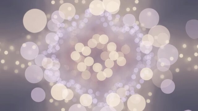 Pale lilac and white bokeh circles cluster into a soft central halo over a misty pastel gray field, creating an ethereal atmosphere with glowing depth for winter invitations and gentle branding
