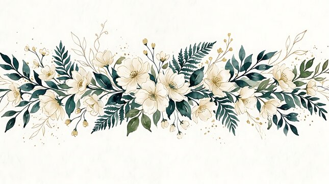 Watercolor floral border design with white flowers and green leaves foliage arrangement