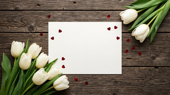 White tulip flowers and paper card with red heart decorations on dark rustic wooden background