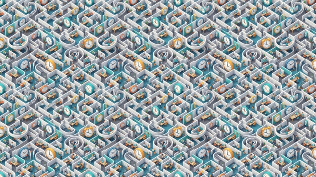 AI Generated seamless isometric maze pattern featuring clocks and tiny figures navigating a complex labyrinth, symbolizing time management, corporate challenges, and problem solving.