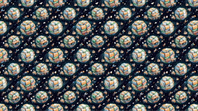 Seamless Pixel Art Planet Pattern with Miniature Earth Globes on Dark Starry Space Background, AI Generated Digital Illustration for Wallpaper and Fabric Design