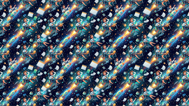Seamless Pattern of Students and Professionals Riding Rockets Through Space with Books and Laptops, Symbolizing Rapid Learning, Career Growth, and Innovation, AI Generated Illustration