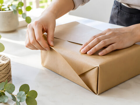Close up of woman hands wrapping gift box with brown paper