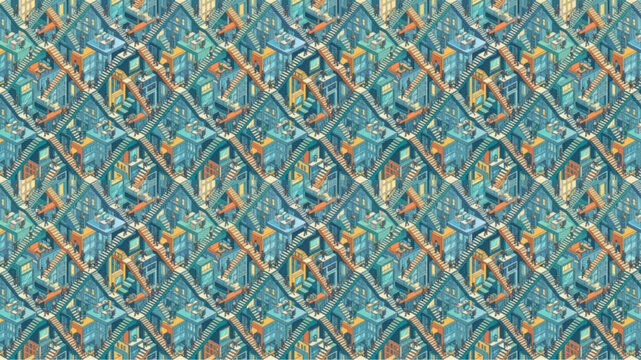  Seamless Isometric Geometric Pattern Featuring Teal and Orange Architectural Elements, Modern Industrial Repeating Background for Wallpaper and Textiles, AI Generated Digital Art