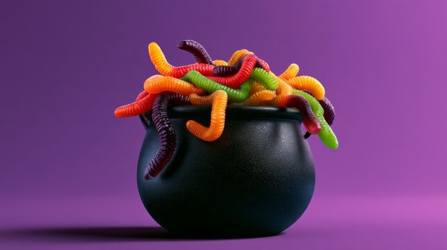 Halloween Cauldron Overflowing with Colorful Gummy Worm Candies