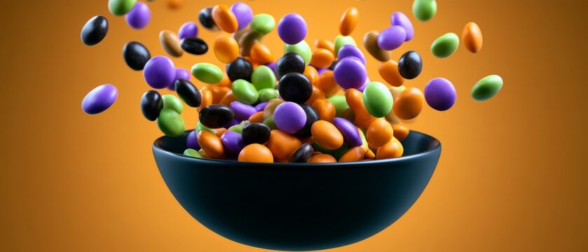 Colorful Halloween Chocolate Candies Falling into Black Bowl