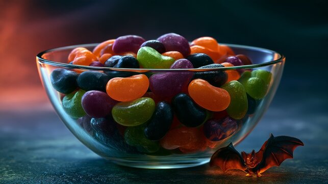 Colorful Halloween Jelly Bean Candies with Decorative Bat