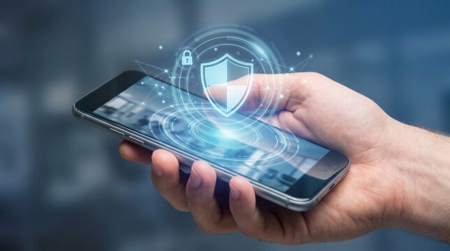 Secure mobile technology Hand holding a smartphone with a prominent cybersecurity shield, representing advanced data protection and digital privacy in the modern age