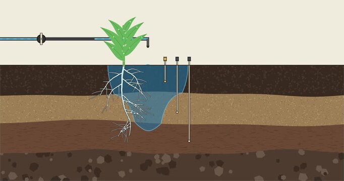An animated cross-section illustration showing drip irrigation system delivering water into soil layers with plant roots and moisture sensors.