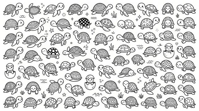 Collection of cute black outline turtle illustrations featuring smiling sea turtles, patterned shells, swimming poses, crawling poses, and minimalist cartoon designs.