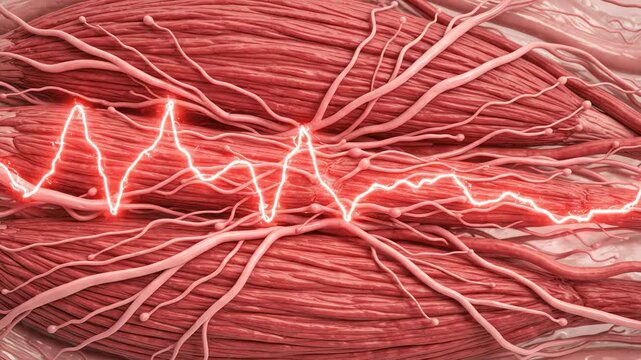 Muscle fibers connected to nearby sensory nerve endings. Warm red electrical pain signals gradually emerge within the muscle tissue and slowly travel toward the surrounding sensory nerve endings