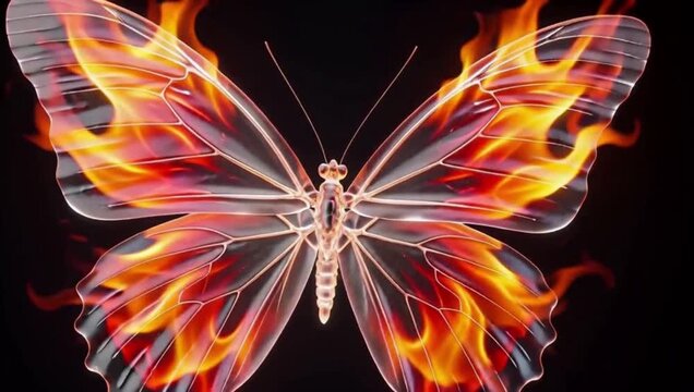 A surreal glowing butterfly with vibrant orange flames against a dark black background.