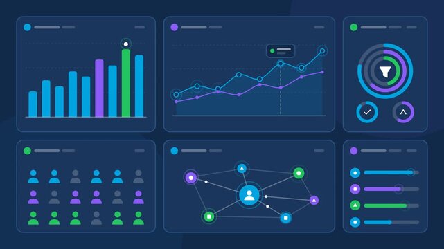 Digital dashboard displaying financial analytics with growing charts and data points in a dark blue futuristic setting