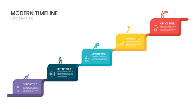 Business Success Timeline Infographic Presentation with Icons and 5 Steps Stairs, Arrow Roadmap Template for Process, Strategy, Goals, and Corporate Growth.