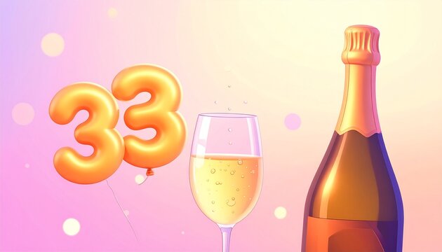 Birthday and Anniversary Celebration with Champagne and Gold Number 33 Balloon