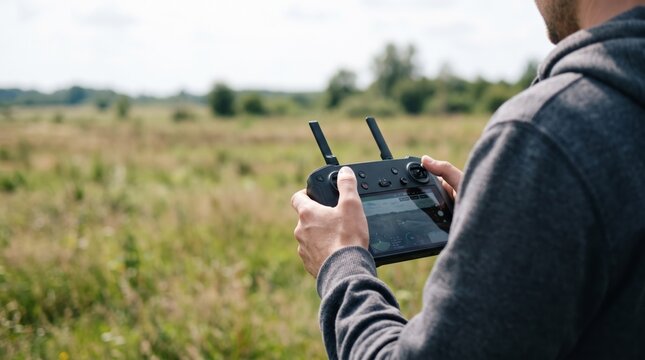 Remote controller held by a person operating a drone in a grassy field.