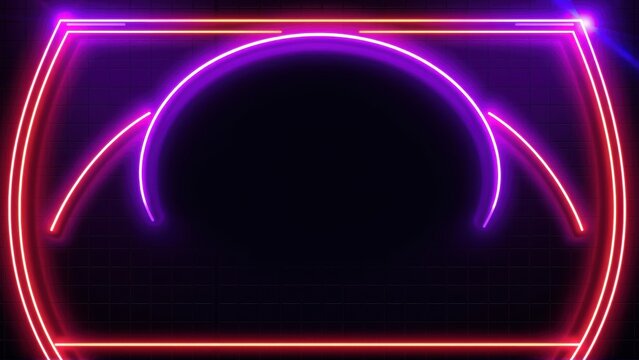 Neon frame design. Rectangular shape with rounded corners. Purple arc inside, red outer glow. Dark background creates contrast.