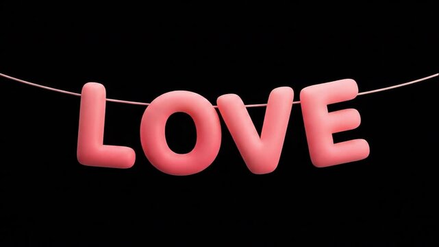 Pink love text garland on a black background. Suitable for valentines, romance, weddings, greetings, and events.