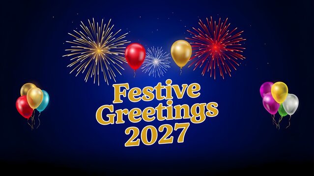 Festive greetings 2027 banner with colorful balloons and bright
