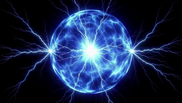 Abstract glowing plasma ball with bright blue electrical discharge arcs against black background.