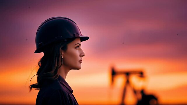 Woman oil worker in hard hat at sunset with pumpjack in background. Petroleum industry and energy production. Female engineer in oilfield.