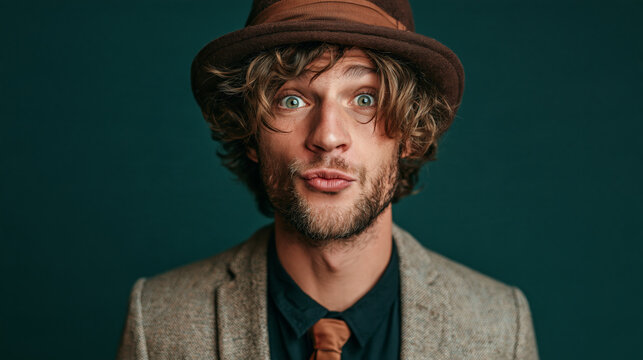Man makes a funny face with wide eyes and puckered lips in a studio portrait