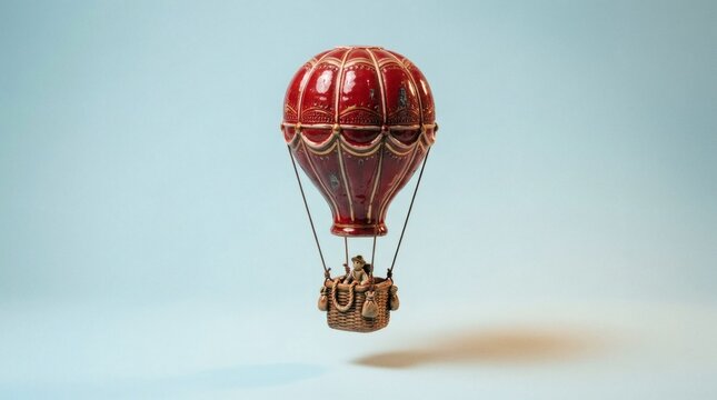 A miniature red hot air balloon with golden accents and a small basket floats against a light blue background.