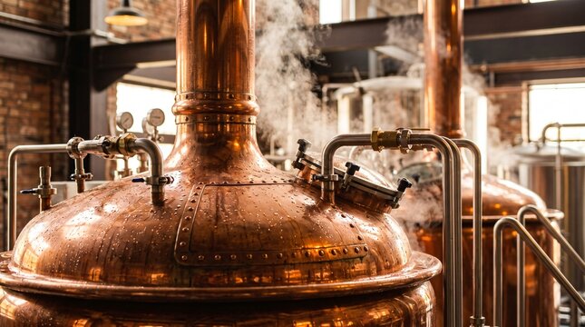 Copper Brewing Kettles Steam Rising Pipes Valves Tanks Condensation Polished Metal Warm Industrial Brewhouse Beer Production