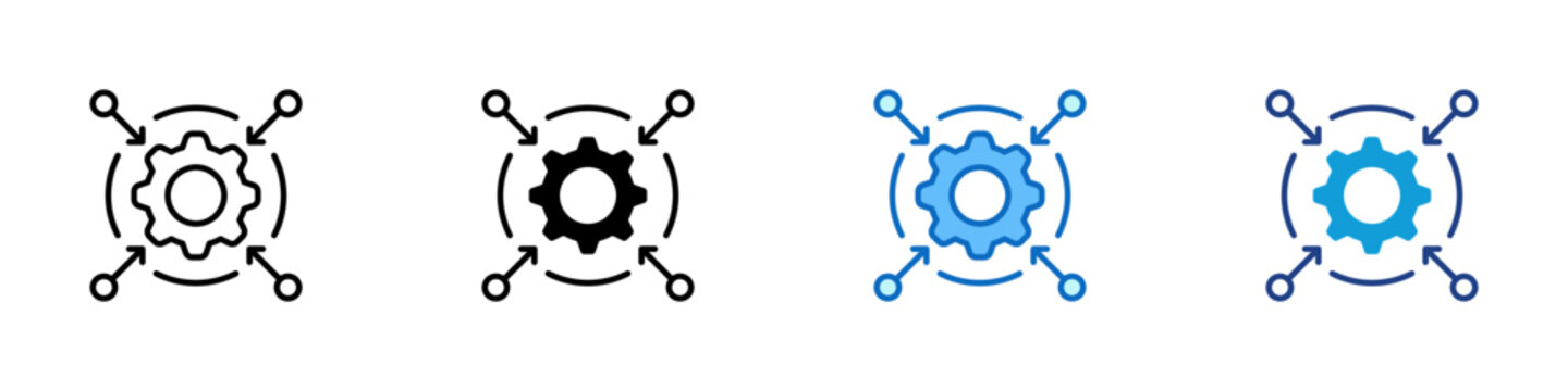 System Integration Hub Multiple Style Icon Design Vector - Gear with inward arrows from four nodes representing system integration, data consolidation, and centralized control