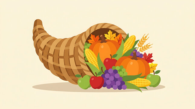 Illustration of a woven cornucopia horn of plenty overflowing with harvest vegetables and autumn fruits against a cream background